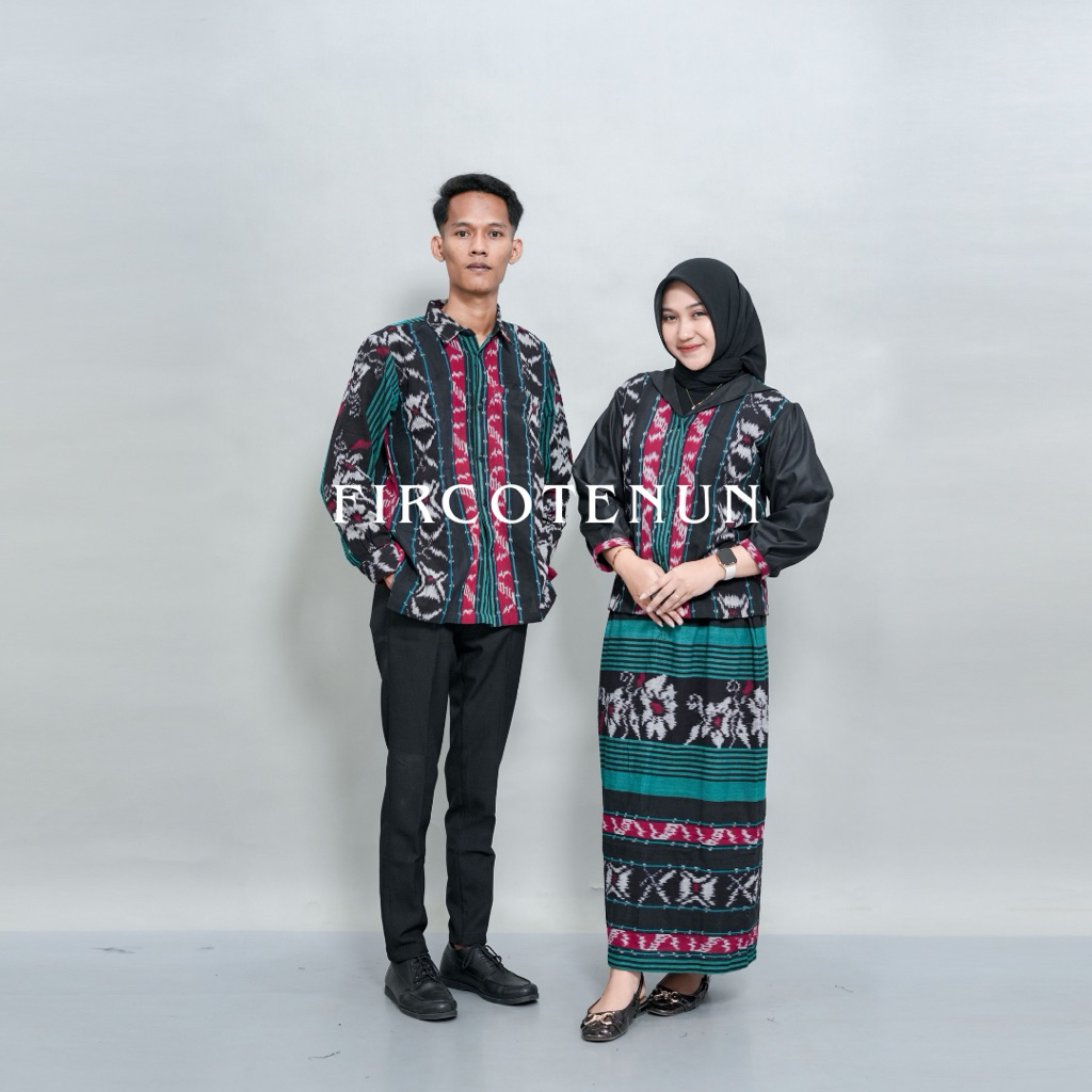 Set Couple Tenun Aruna Hijau - Atasan & Rok Couple Kondangan - One Set Tenun & Kemeja Tenun Pria Mod