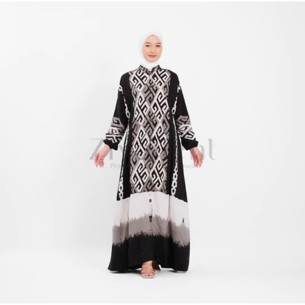 Gamis Wanita Premium Motif Abstrak ZIVALLENT Batik Rayon Twill Tebal Busui Friendly Kain Muslim Nyam