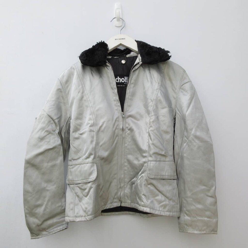 Vintage SCHOTT perfecto Sherpa Flight Jacket  aviator Schott N.Y.C. Silver Nylon Size.S Made in Usa 
