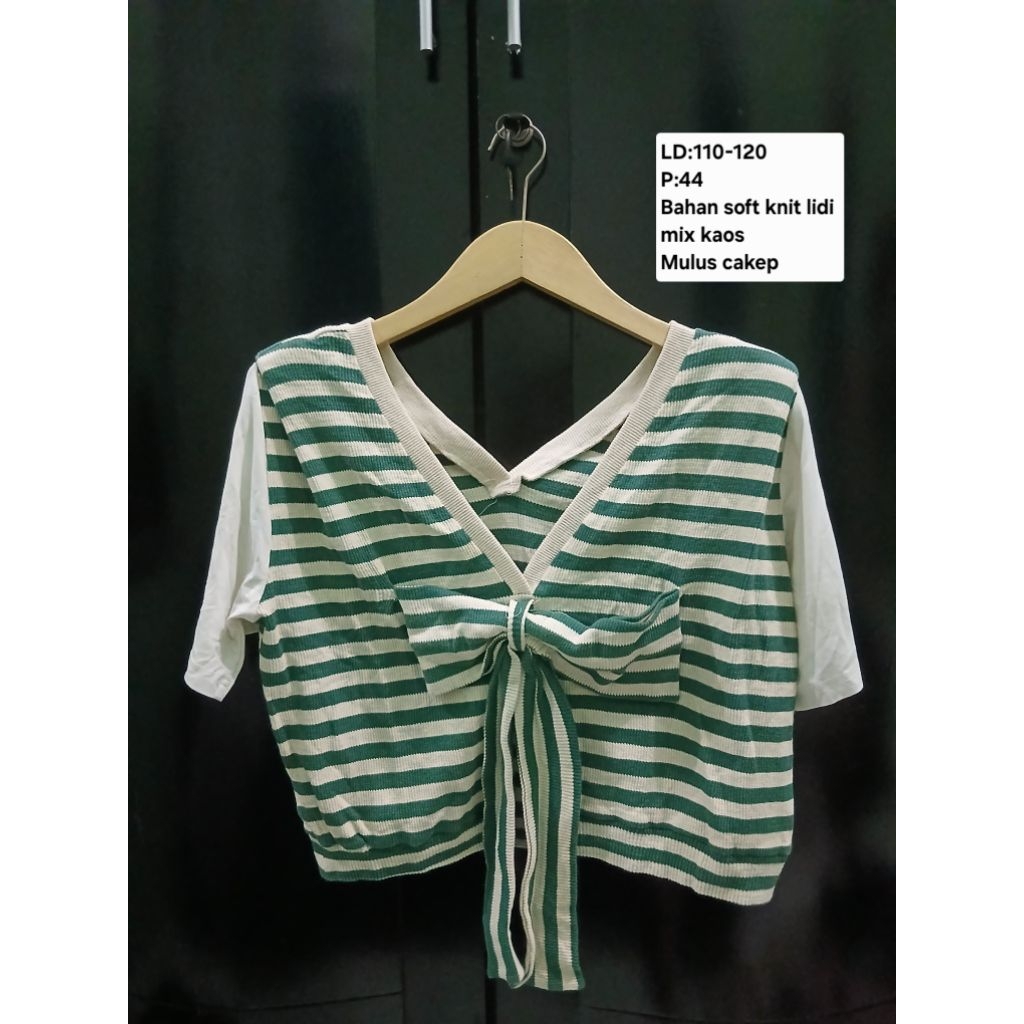 (COD)Atasan rajut knit lidi crop wanita lengan pendek  warna hijau putih motif garis-garis/salur
