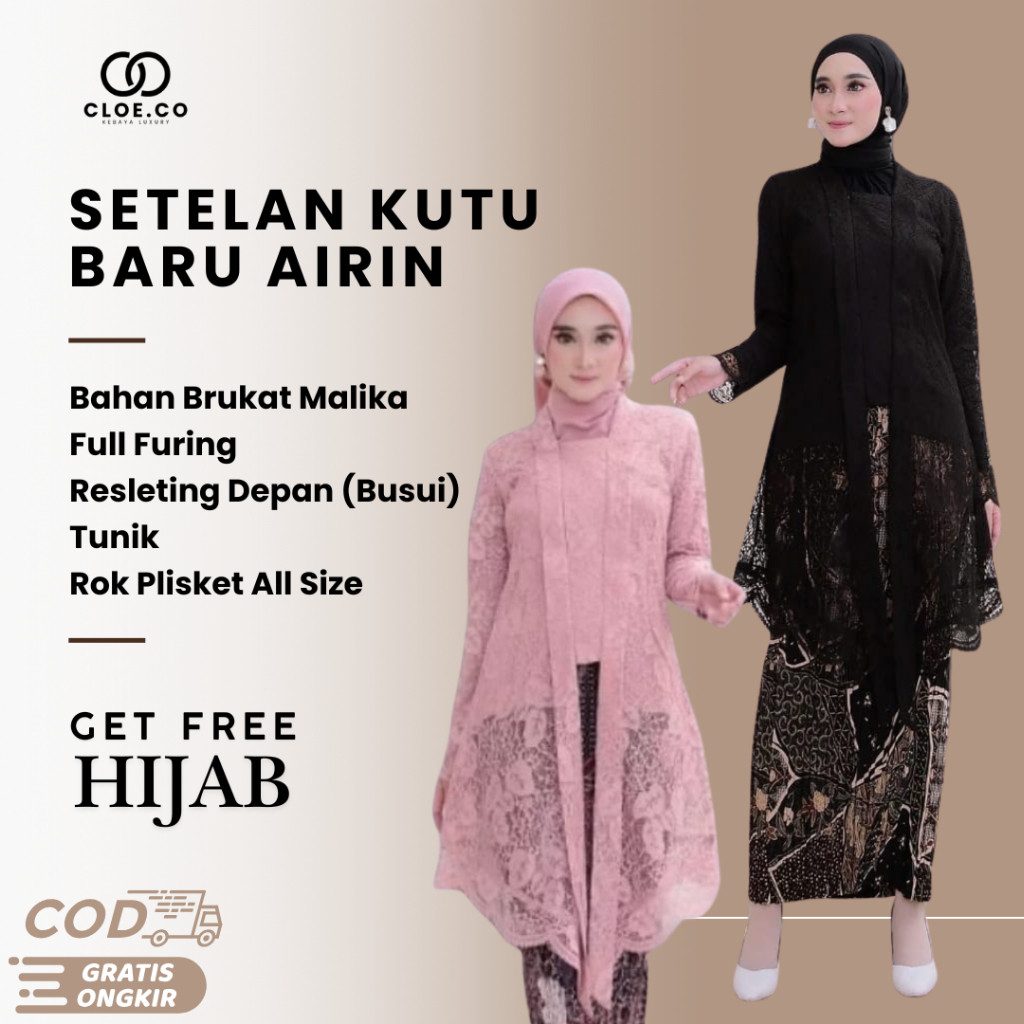 Set Kebaya Kutu Baru Terbaru | Kutu Baru Airin Free Hijab | Kebaya Jumbo Fit Ld 120-125 cm | Brukat 