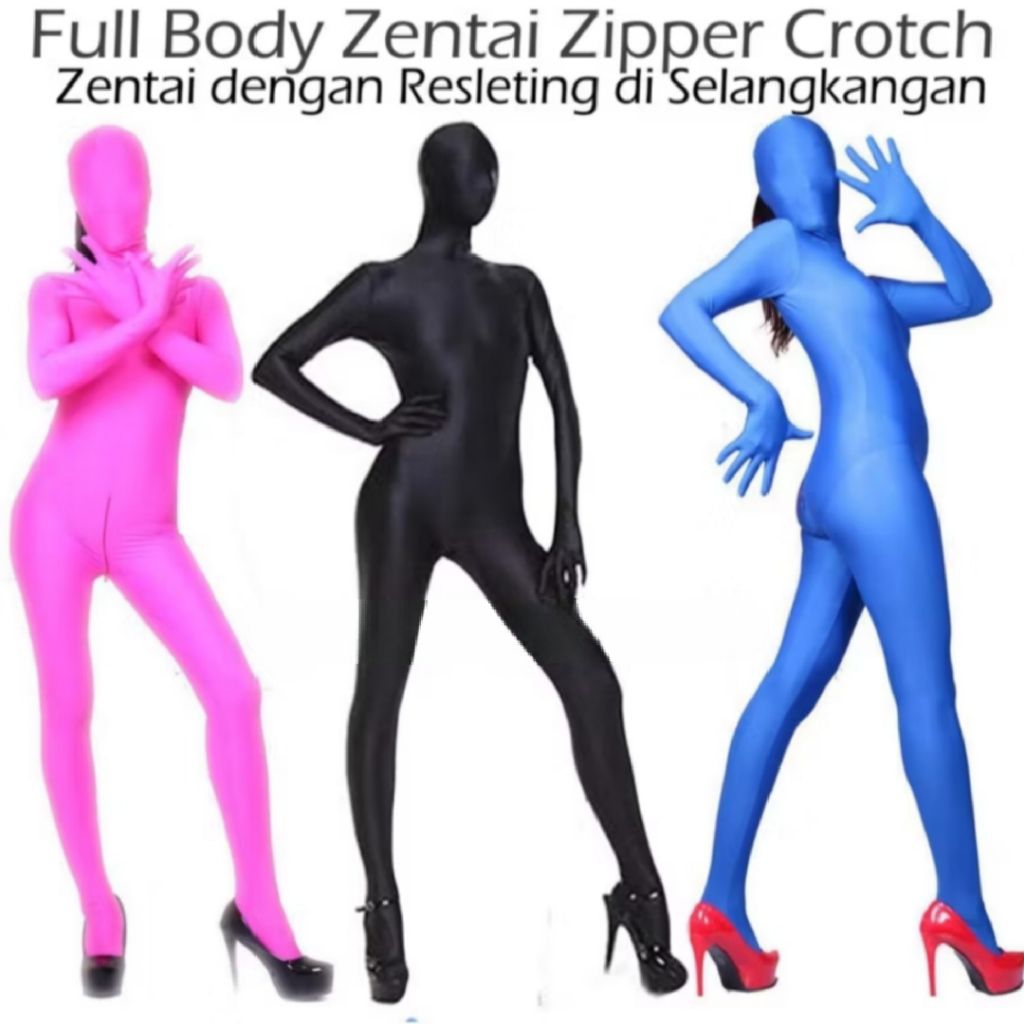 Full Bodysuit Glossy Lycra Zentai Shinny Tertutup Mear Silor Hitam