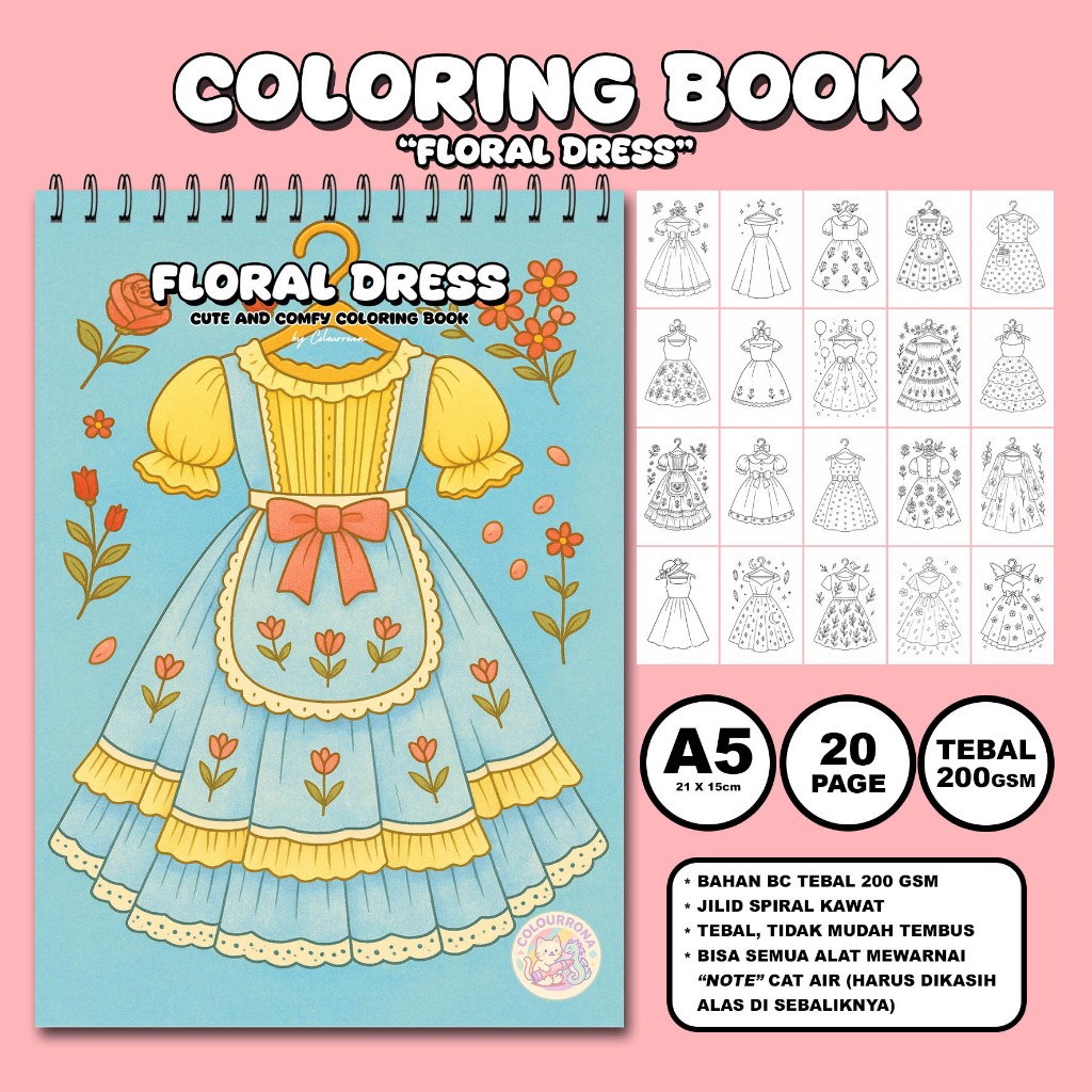FLORAL DRESS Coloring Book Buku Mewarnai Anak Remaja Dewasa Aesthetic Kertas Tebal