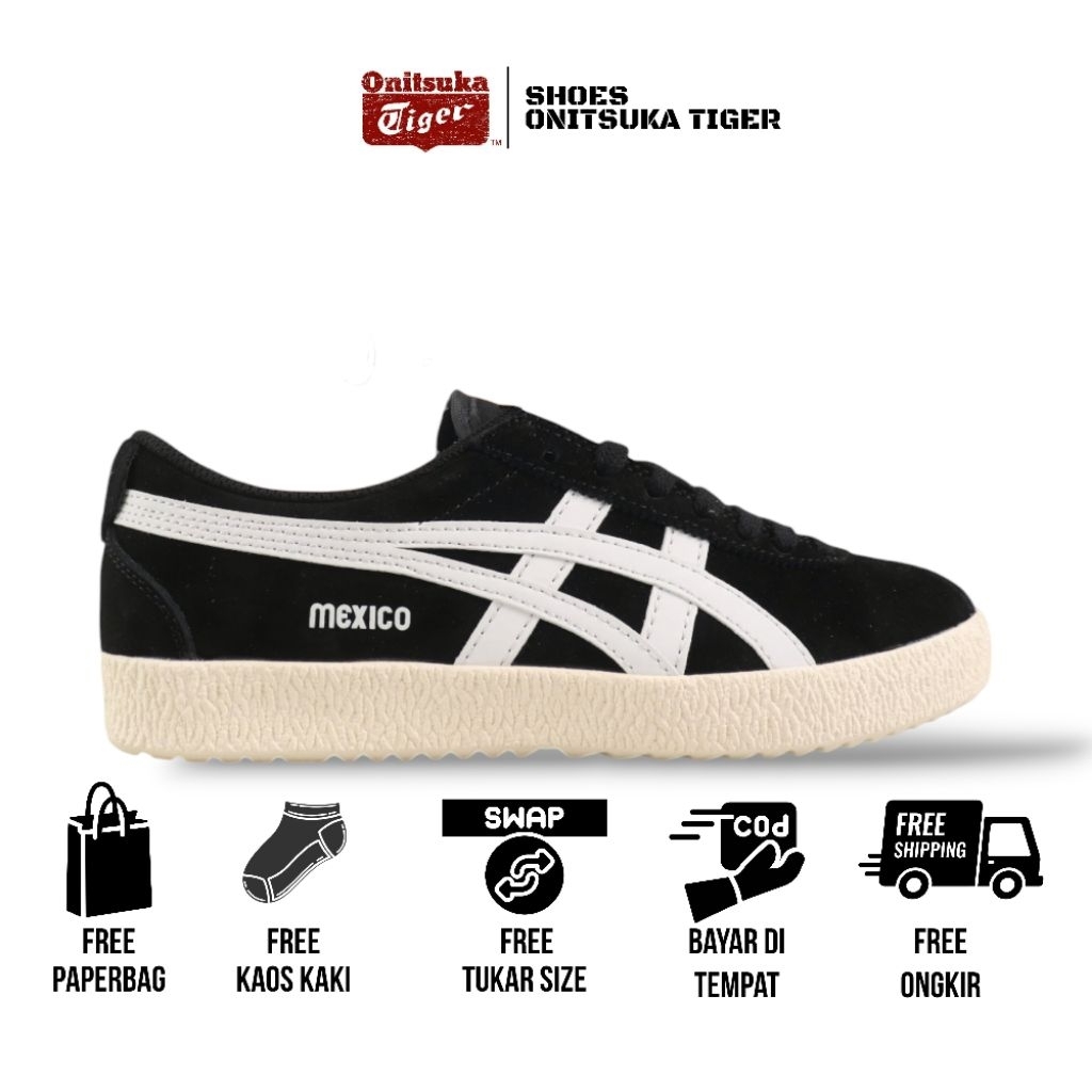 Onitsuka Tiger mexico delegation shoes black white free paperbag & kaos kaki