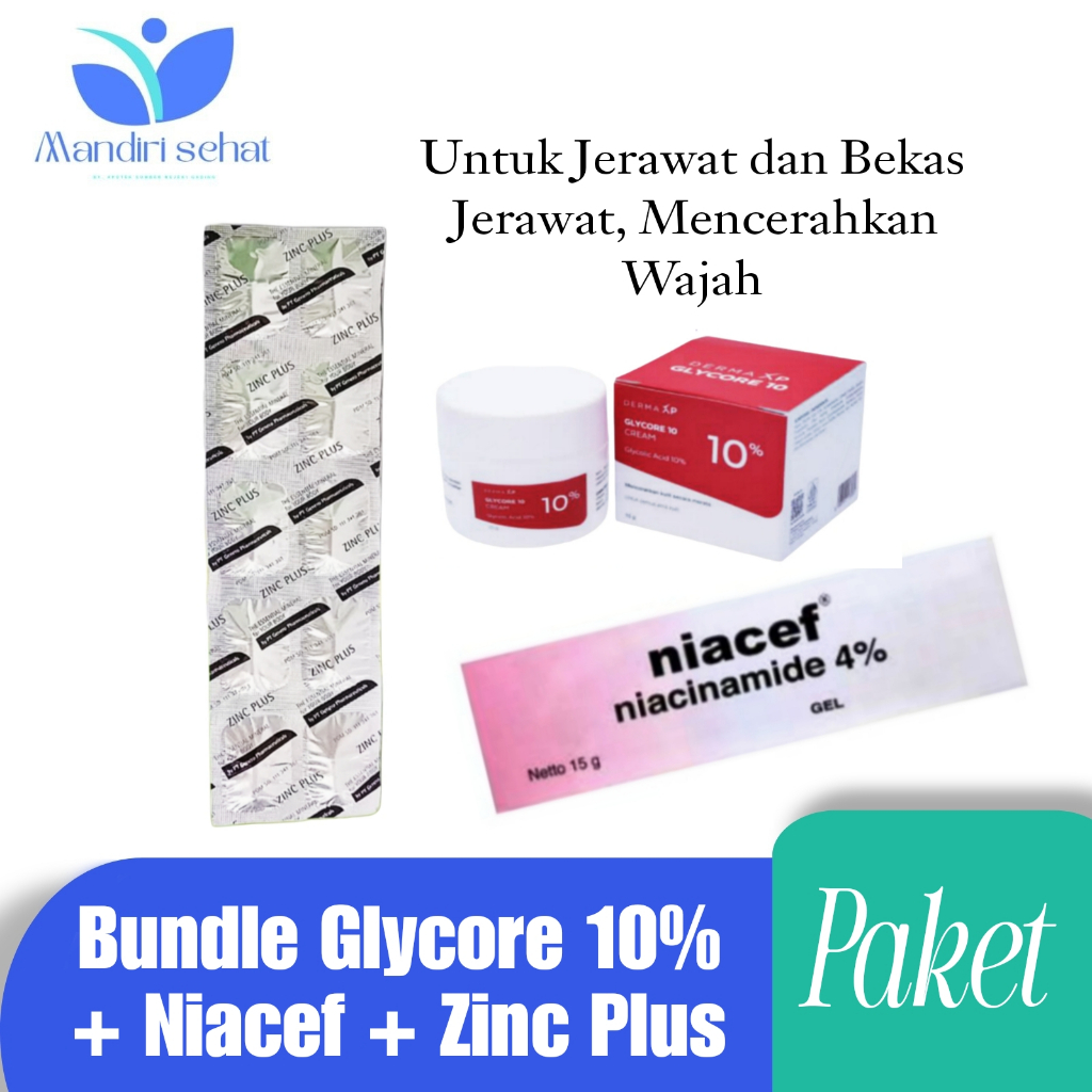 Paket Anti Jerawat Glycore 8% + Zinc Plus + Niacef - Menghilangkan jerawat dan bekasnya