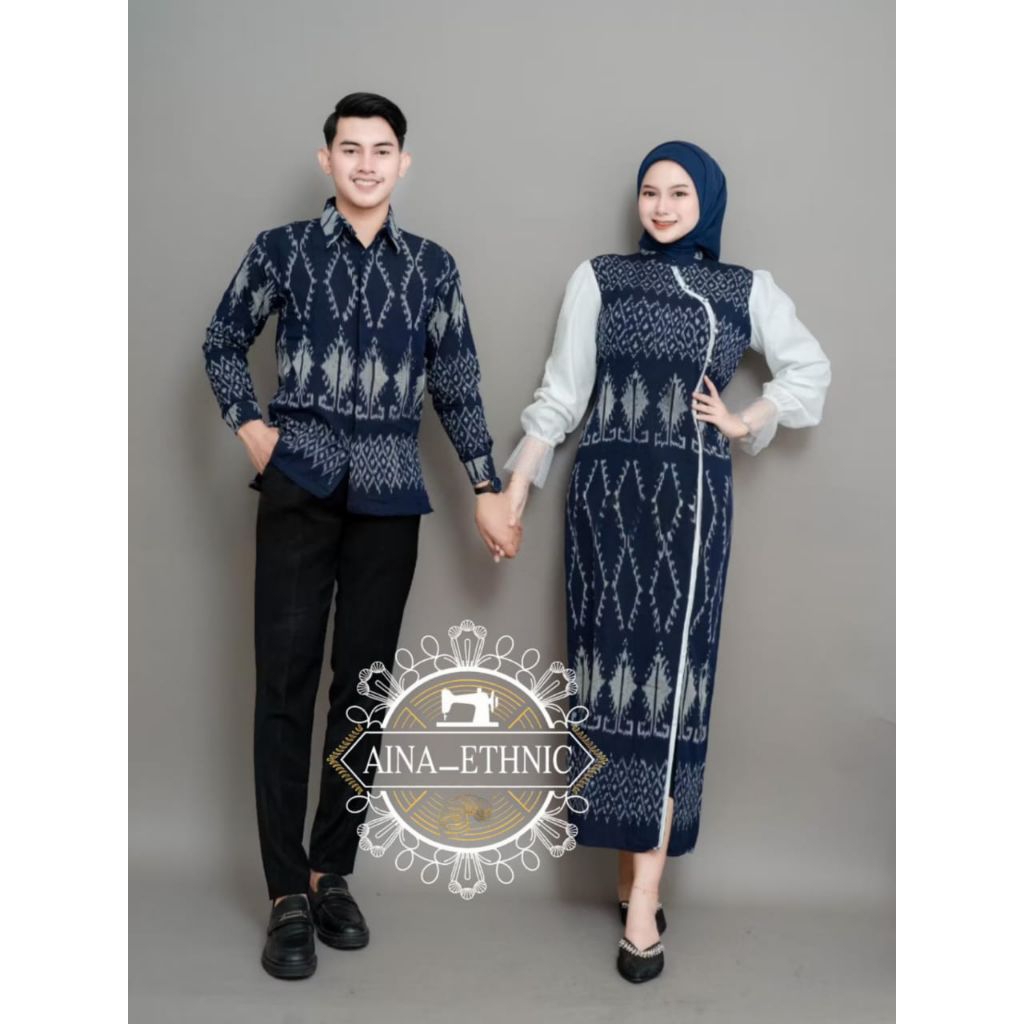 Aina Baju Tenun Couple Kinara Navy Gamis keluarga Dress Tenun Couple Kondangan Pasangan Bridesmaid