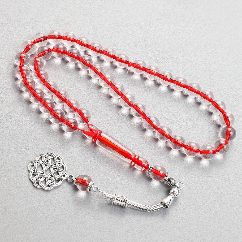 Gelang 33 Tasbih Kristal dengan Tali Merah - Aksen Perak Elegan - Tasbih Dekoratif untuk Doa & Gaya 