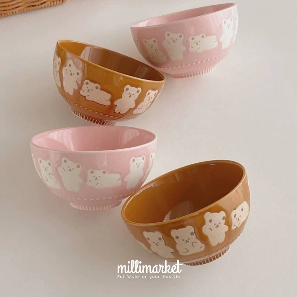 [MILLI] BEAR CERAMIC TABLEWARE / Piring mangkok keramik beruang warna pink aesthetic