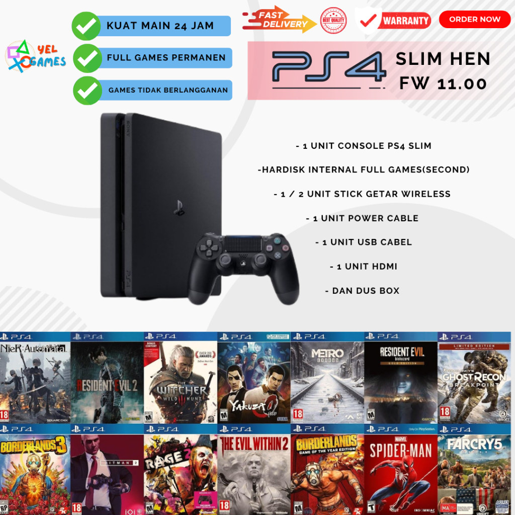 PS 4 SLIM 4K HEN FW 11.00 GAME TERBARU PERMANEN 1TB DAN 1 STICK 2 STIK GAME OFFLINE PERMANEN