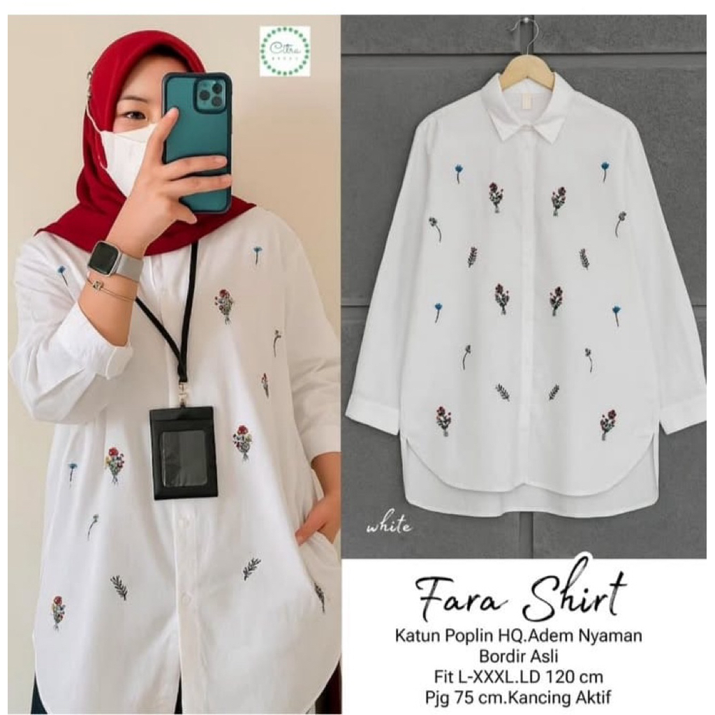 Atasan kemeja wanita katun poplin HQ bordir asli timbul