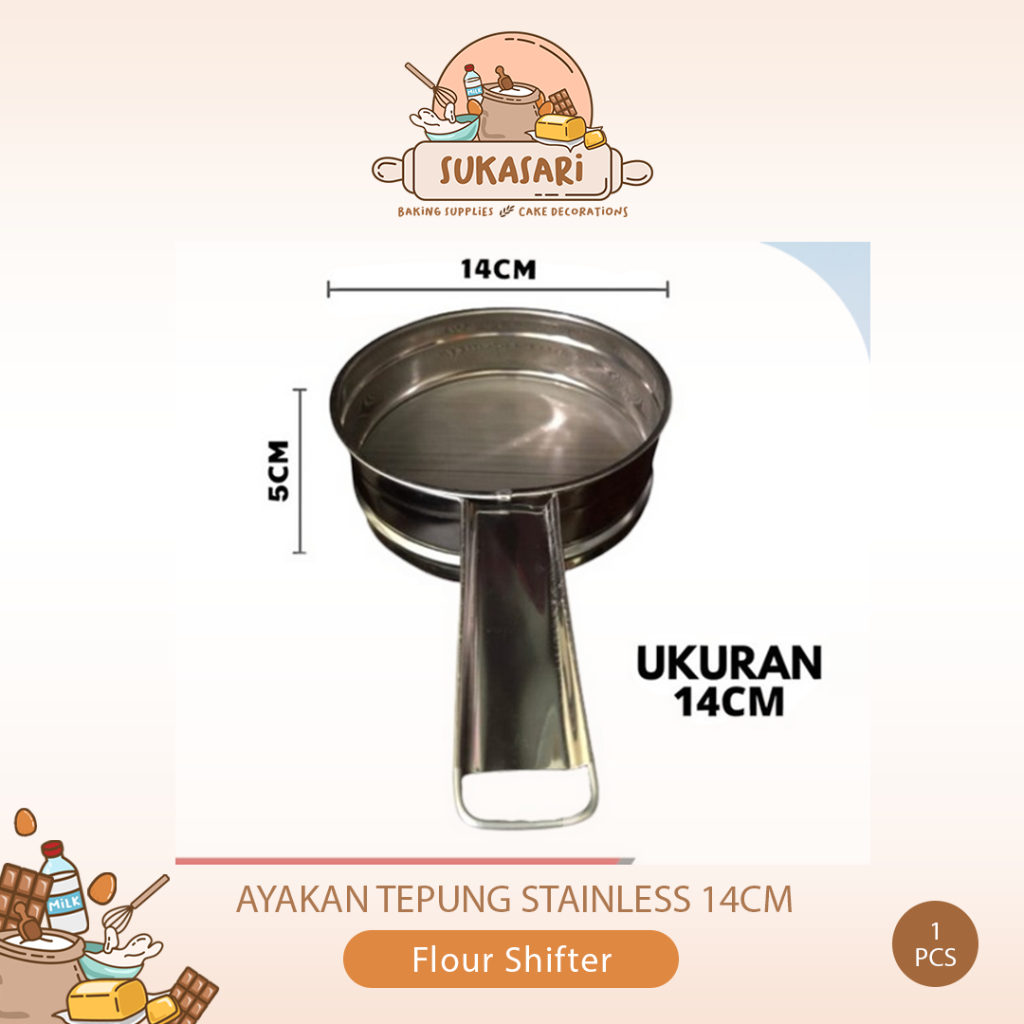 Ayakan tepung 14cm gagang stainless / flour shifter saringan tepung