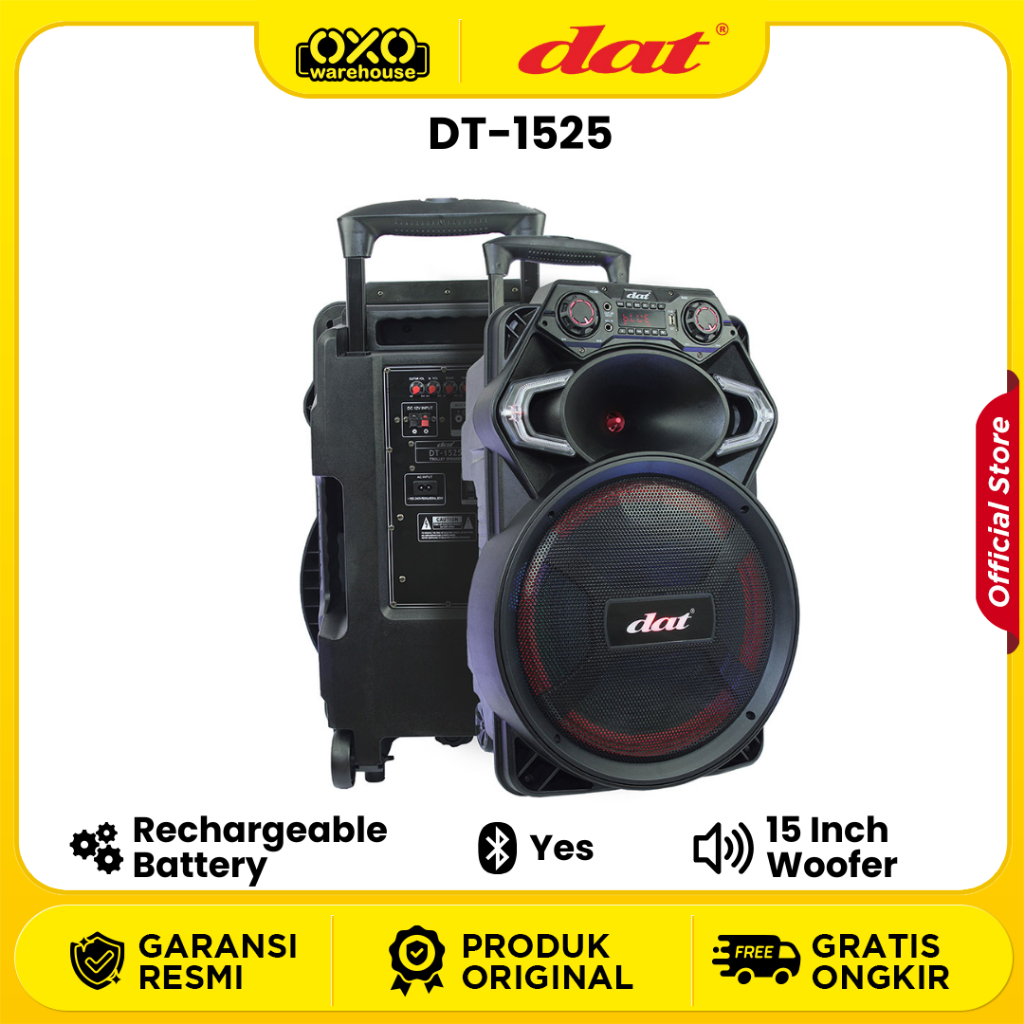DAT Speaker Trolley DT-1525 Bluetooth 15" Woofer Rechargeable Battery Low Watt Garansi Resmi