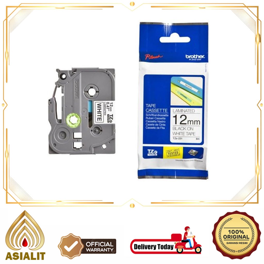 Label Tape Brother TZE-231 Black On White 12mm Panjang 8m Original Produk
