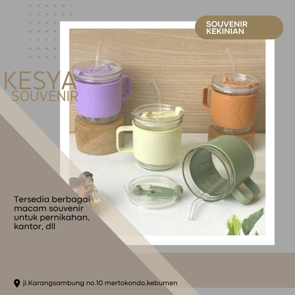 Kesya Souvenir | B ( B0159 ) GELAS AESTHETIC SIMPLE WARNA DENGAN GANGGANG FREE SEDOTAN Kaca Plastik 