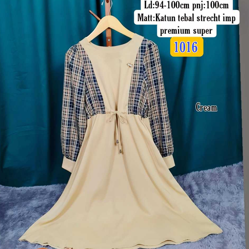 DRESS TANGAN PANJANG KOTAK KOMBI POLOS 1016/ DRES CANTIK IMPORT TERBARU / BAJU KODANGAN WANITA KOREA