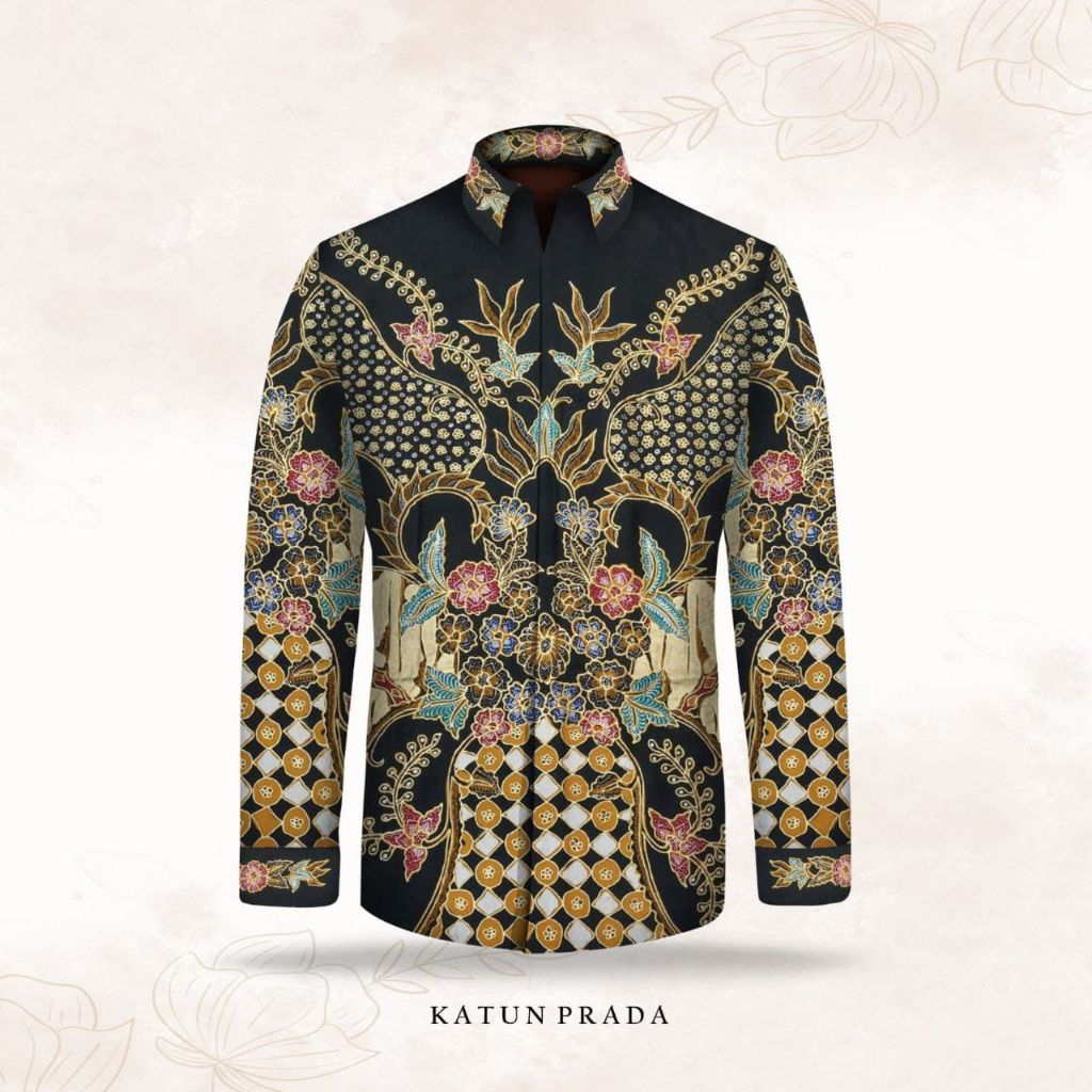 kain batik tulis pria prada emas bahan katun motif bunga warna hitam. er