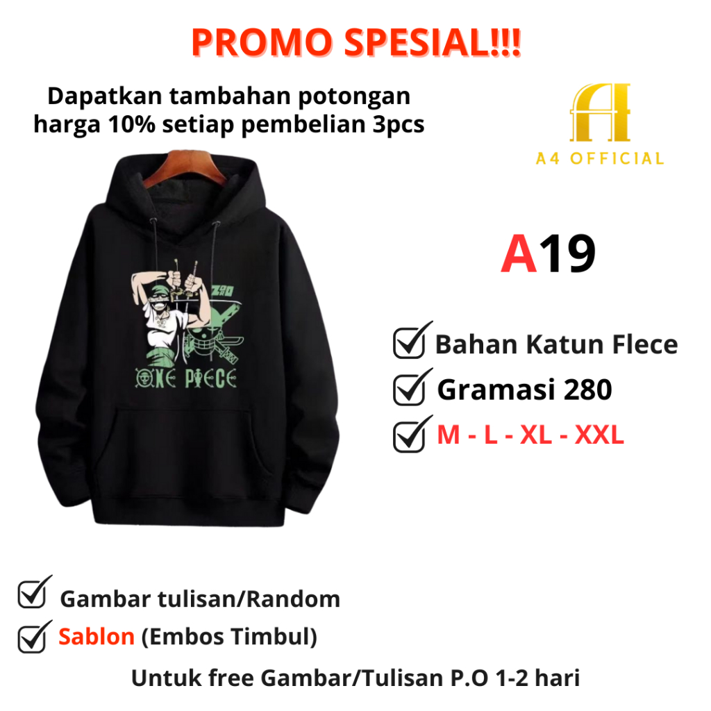 Sweater Hoodie Anime One Piece Luffy Jacket Hoodie Anime One Piece Bahan Katun Fleece Gramasi 280 - 