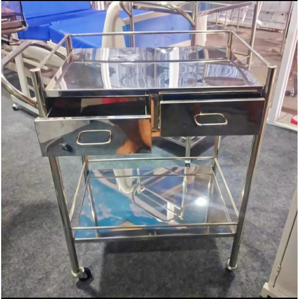 Troli instrumen 2 susun laci stainless meja instrumen troli instrumen