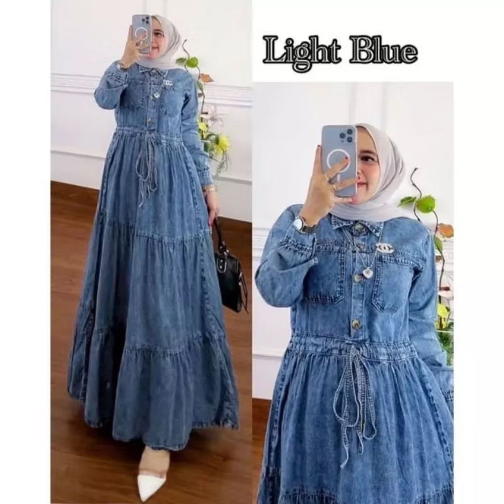 Nadira Dress Jeans Premium Terbaru 2025/Baju Gamis Nadira Tali Pinggang Serut/Busana Muslimah Jeans 