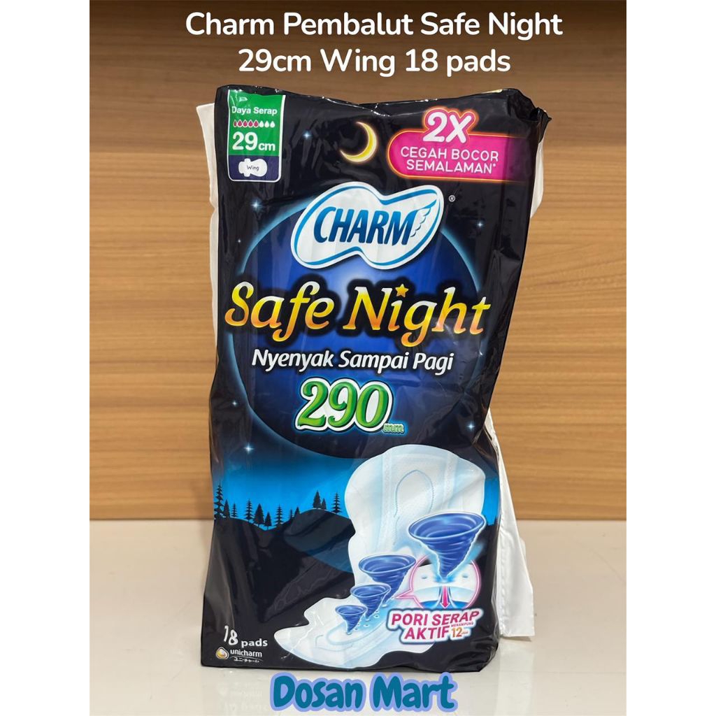 Charm Pembalut Safe Night 29cm Wing  || Charm Pembalut Wanita Dengan Pelindung Sayap || Kemasan 18 p