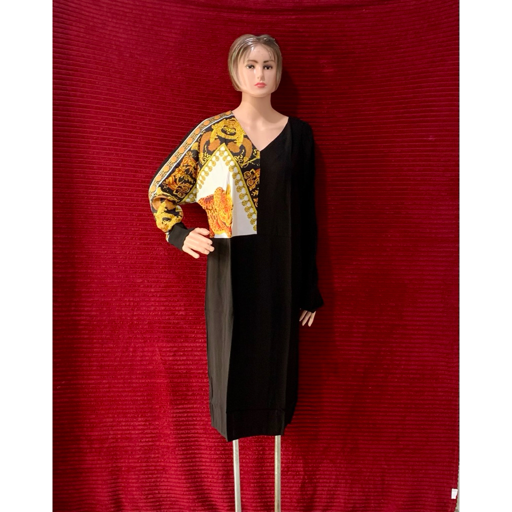 DRESS MODIS KEKINIAN WANITA MOTIF GOLD MACAN ELEGAN