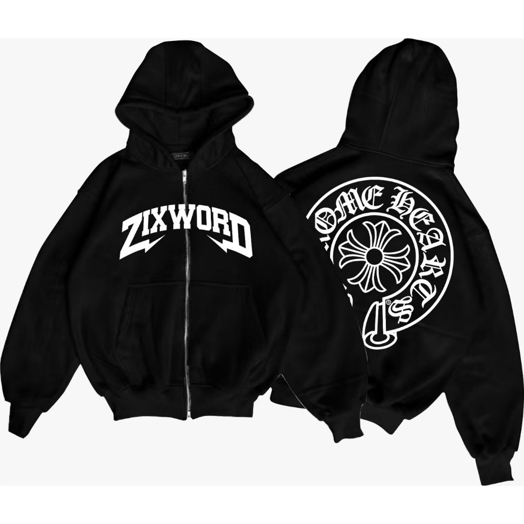 Jaket Sweater Hoodie Boxy Zipper Chrome Hearts Zixword Boxy Hoodie Zipper Black Oversize Pria Dan Wa