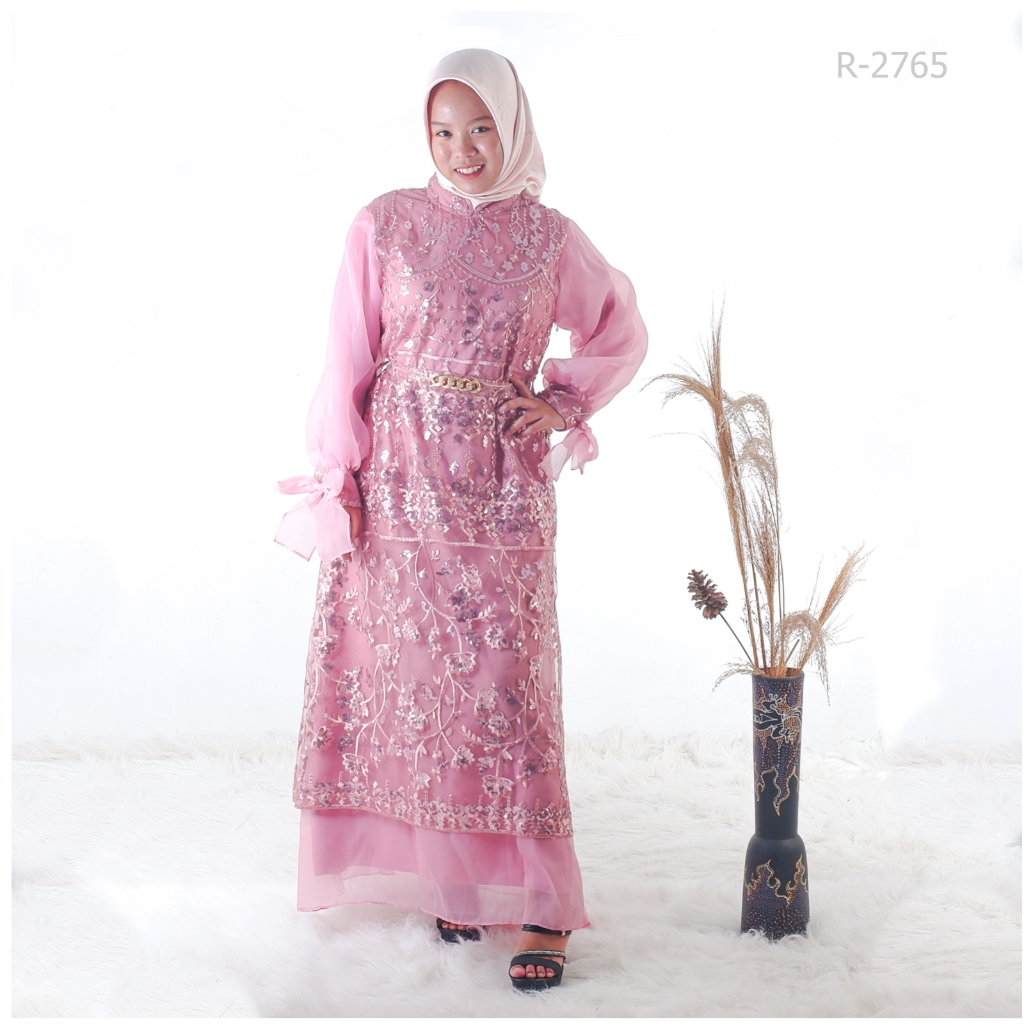 Gamis Brokat Cewek Lengan Pita Warna Pink GB Fashion [R2765]