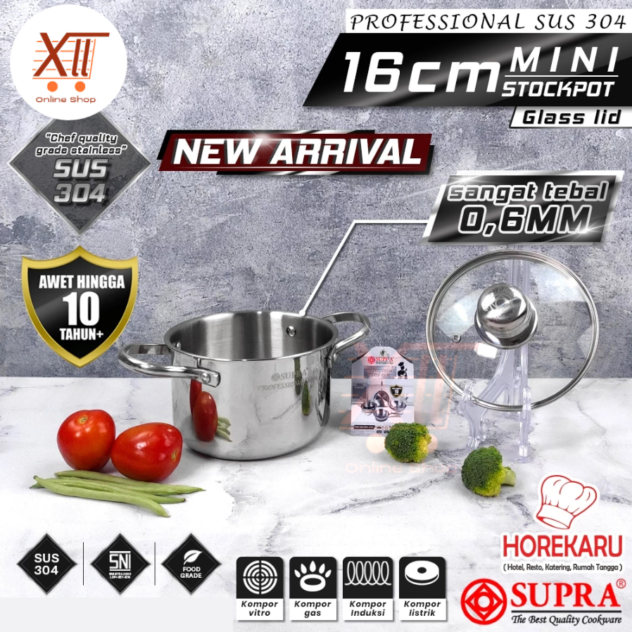 SUPRA MINI STOCKPOT 16 CM WITH GLASS LID Panci Stock Pot / Soup Pot Professional Stainless Steel SUS