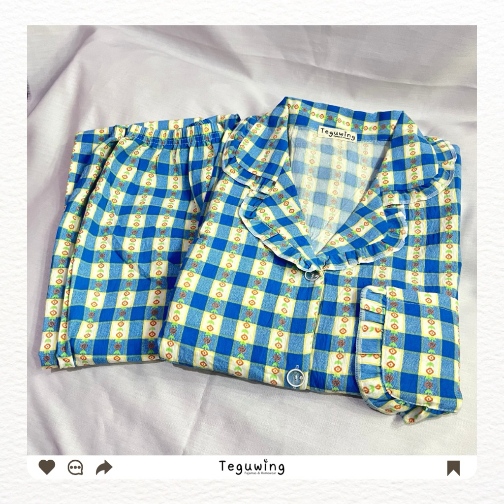 Celana Panjang Lengan Panjang (PP) - Gingham Blue - Pajamas / Piyama / Baju Tidur / Homeware
