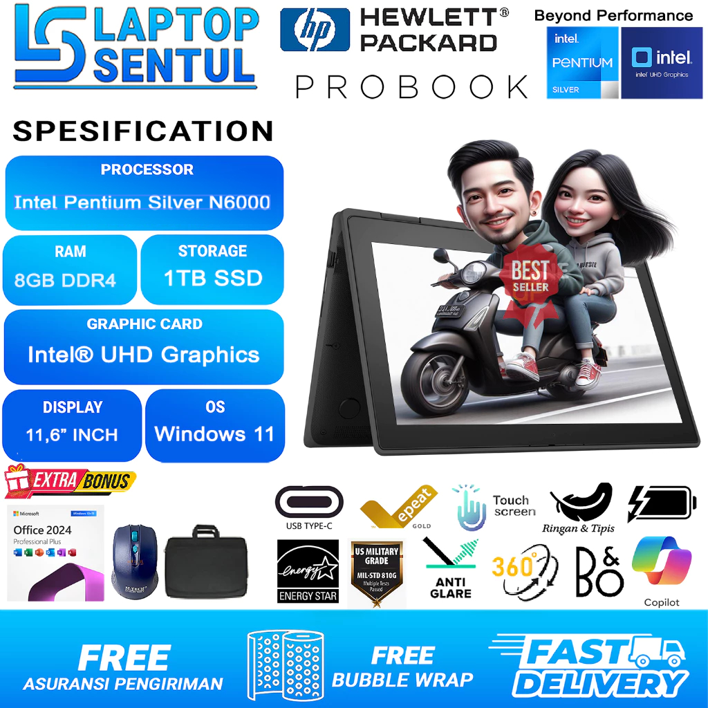 Hp ProBook 11 X360 Intel Core N6000 Ram 8GB Touchscreen 1TB SSD Widows 11 Pro Office 2024 Grey