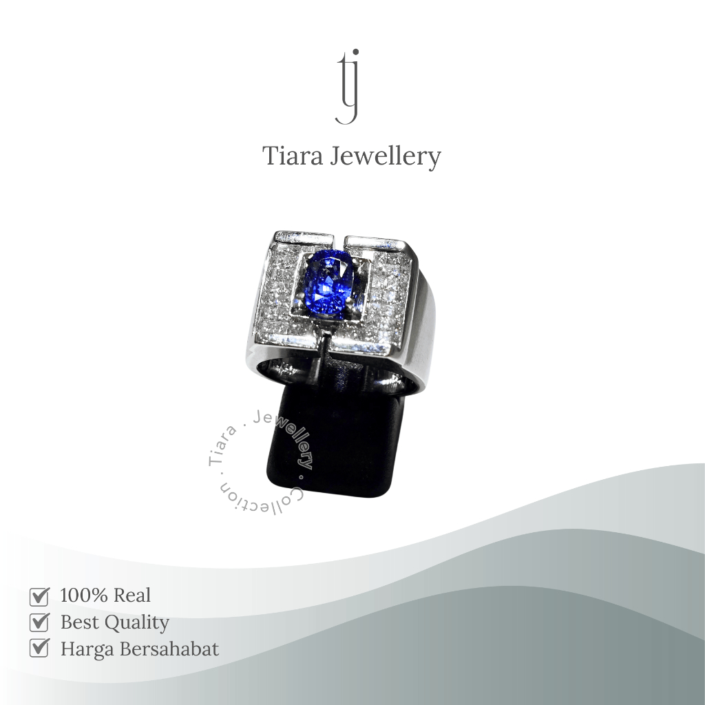 Tiara Jewellery - Men's High Quality Real Blue Sapphire Ring 18K White Gold [MS3] /  Cincin Cowok La