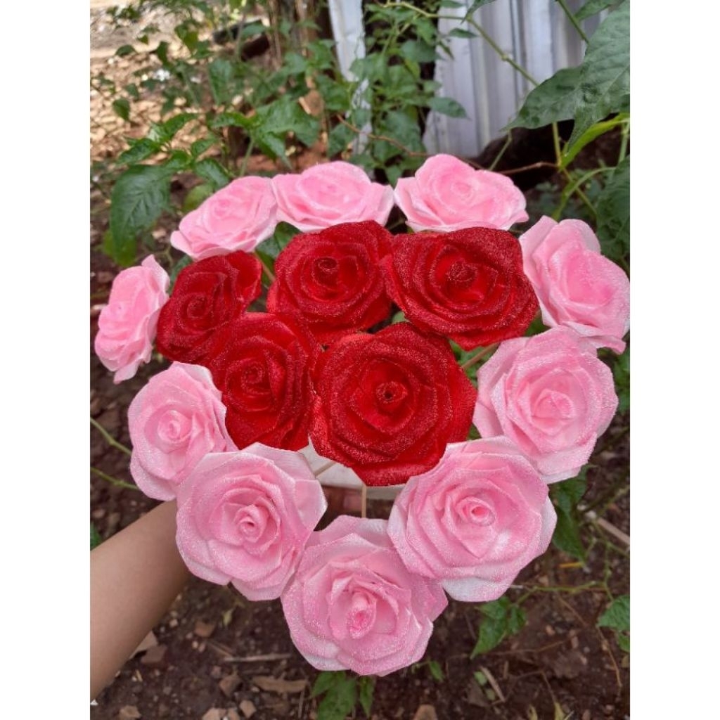 BUNGA PITA SATIN GLITER/Bunga mawar pita satin Gliter/bunga pita satin/Bunga mawar