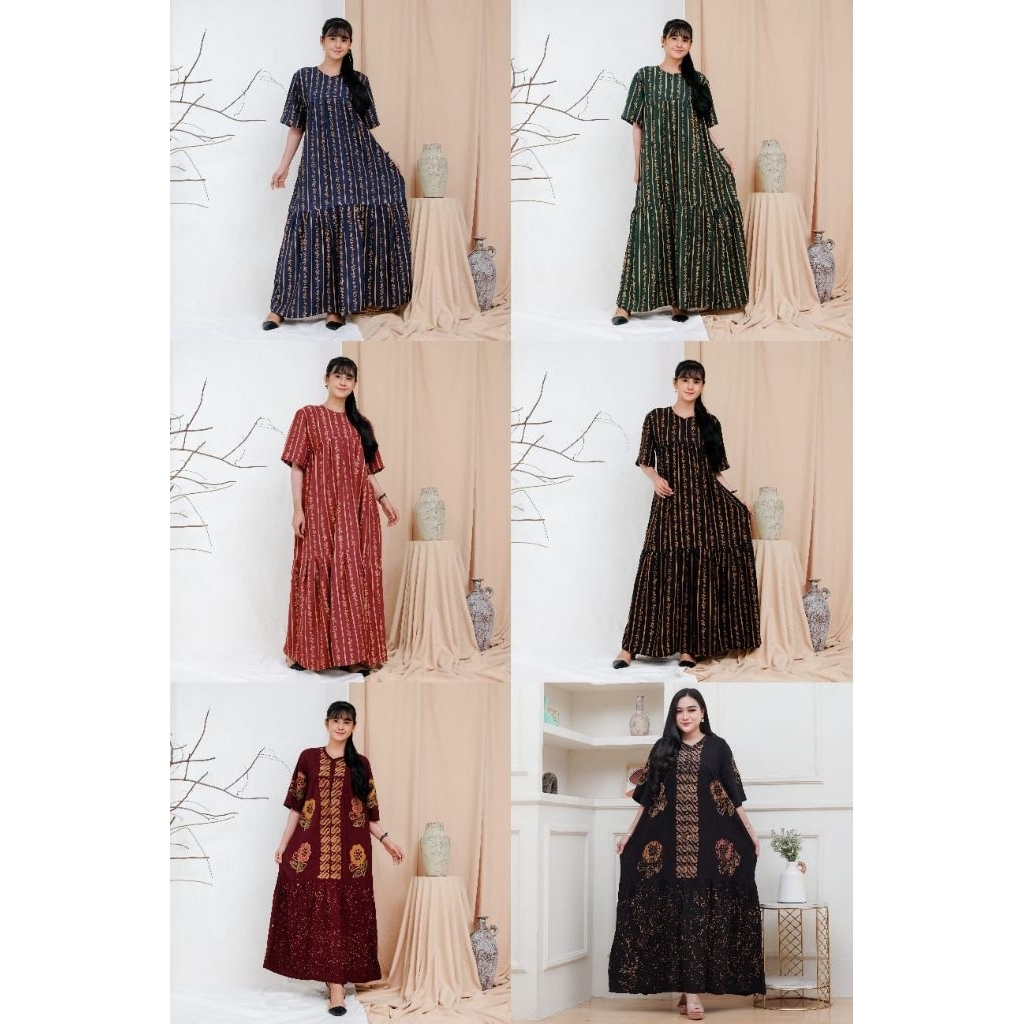 Long Dress Batik Wanita Jumbo Rayon Premium Modern Elegan Lengan Pendek Gamis Batik Santai & Pesta