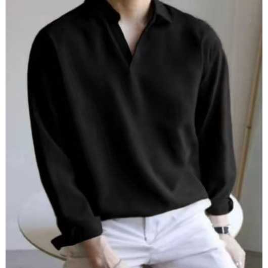 Kemeja Polos Pria V Neck Lengan Panjang