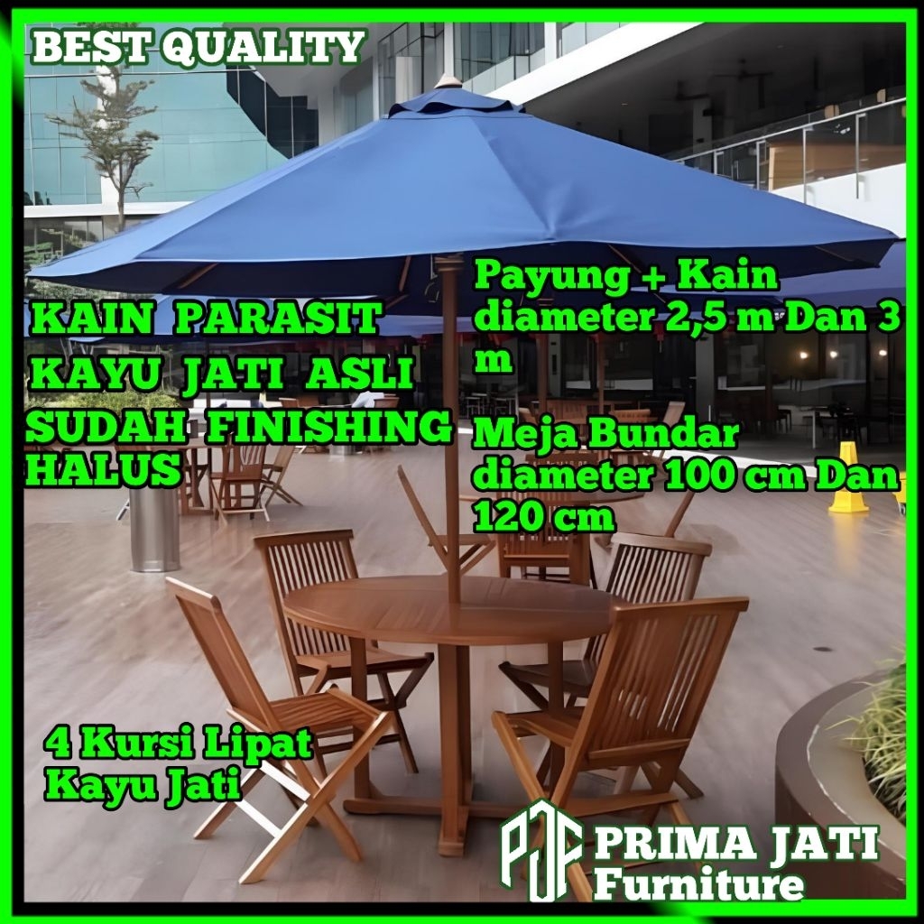 Set Meja Payung Taman Cafe Outdoor Tenda Payung Cafe Kayu Jati 4 Kursi Lipat  kayu Jati
