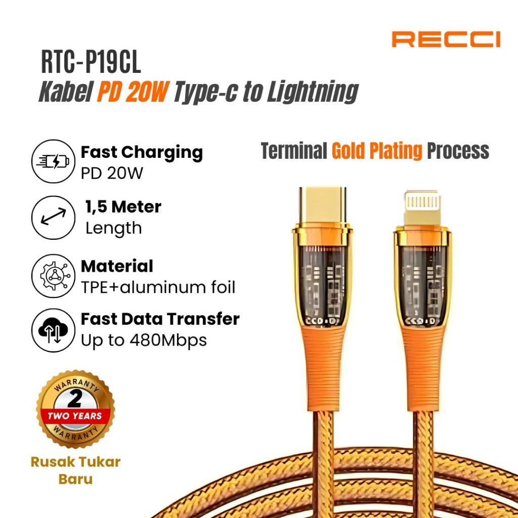 Recci RTC-P19CL Kabel Type-C ke Lightning 150cm – Fast Charging 20W + Transfer Data 480Mbps | Charge
