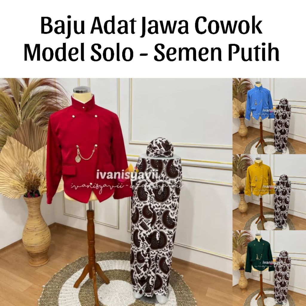 (1set Cowok) Baju Adat Jawa / Beskap +Jarik +Blangkon +Benggol | Solo- Semen Putih