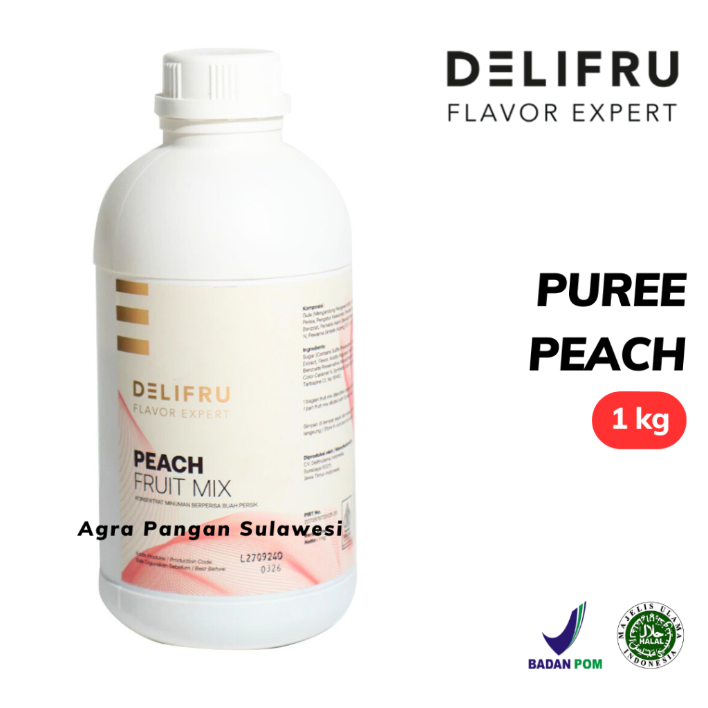 PUREE PEACH Fruit Mix Delifru 1kg 1 L Liter Buah Persik Saus Saos Topping Bulir Buah Teh Kopi Mockta