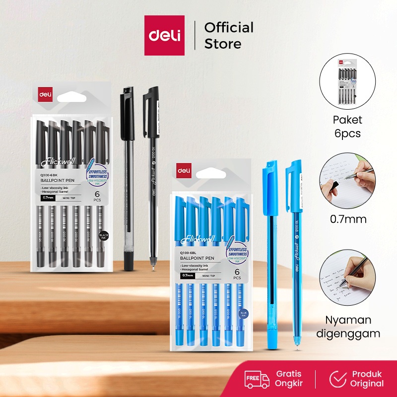 Deli Ballpoint Pen / Pulpen Bolpoin Hitam 0.7mm Penulisan Halus EQ100 Isi 6 Pcs