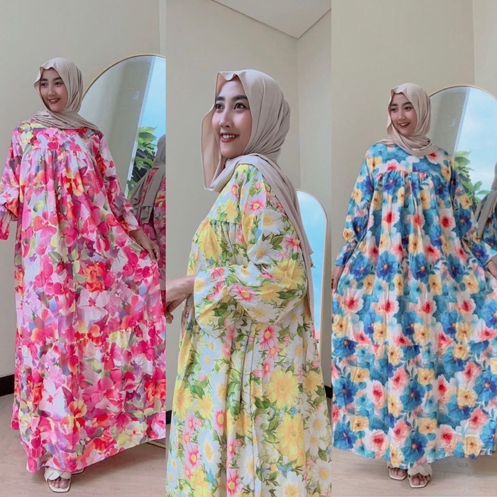 gamis rayon viscose jumbo maxy dress lengan balon smok