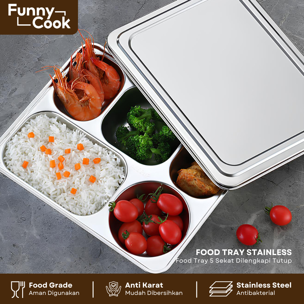 FUNNYCOOK Food Tray 5 Sekat Stainless + Tutup Stainless 304 Lunch Box Stainless Sekat 5 Mesh Tray Se