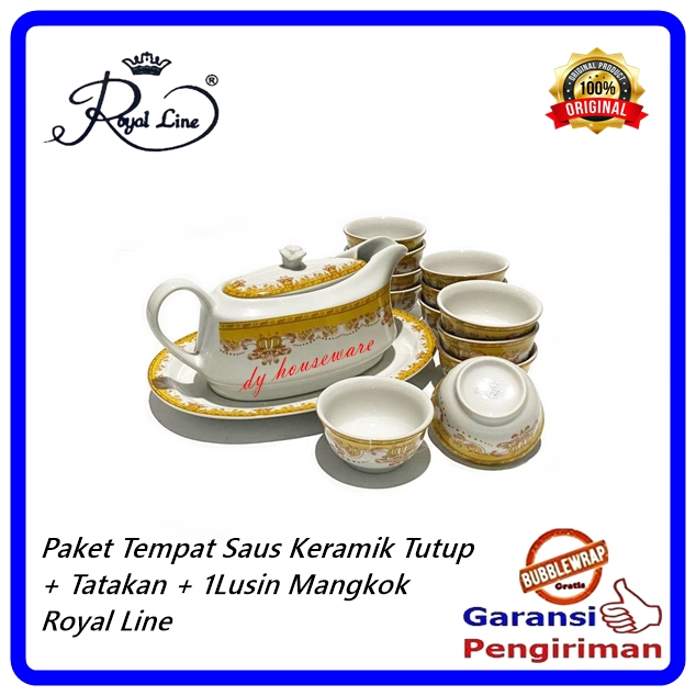 Paket Tempat Saus Keramik Tutup 600ML Mahkota Emas + Tatakan Piring + Mangkok Cuko Kecil 1 Lusin
