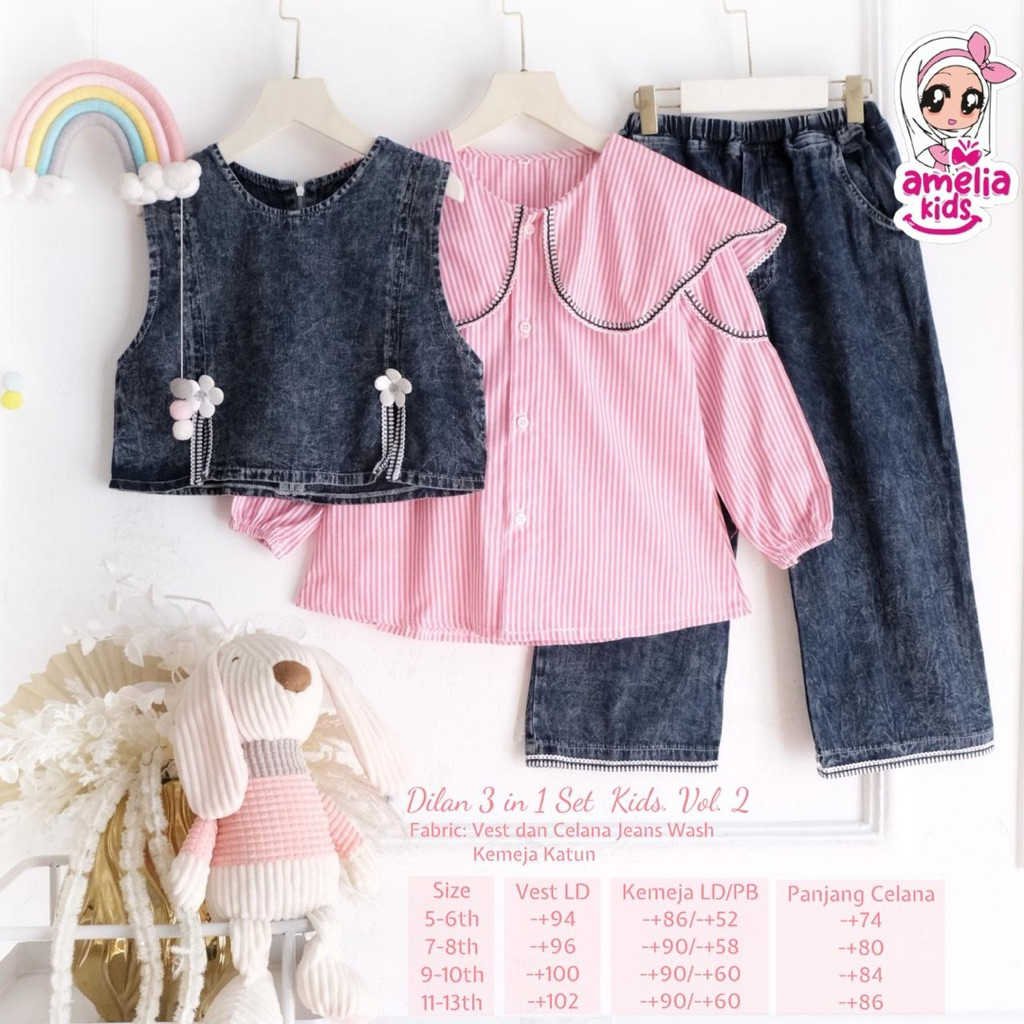 ((JR_KIDS)) Setelan Jeans 3in1 Anak Terbaru Dilan V.2 Setelan Blouse katun Motif salur Trendy By Ame