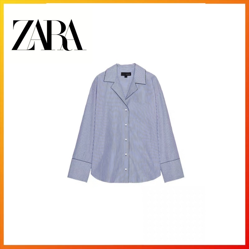 ZARA2025 Autumn New Product Women's ZW Series Color Contrasting Decorative Edge Shirt