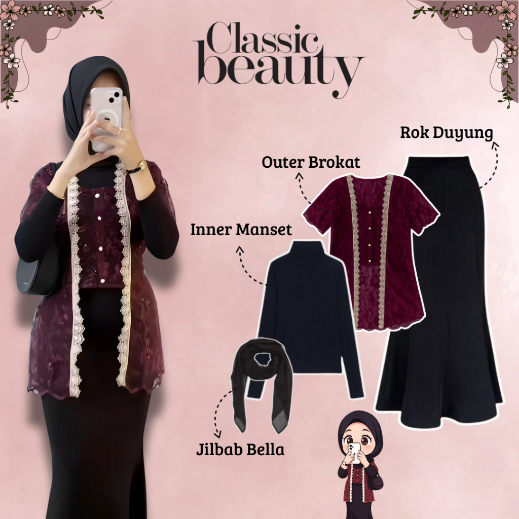 One Set Wanita (Outer Brokat, Rok Duyung, Inner Manset, Jilbab Bella) Look Kondangan Kekinian - WS67