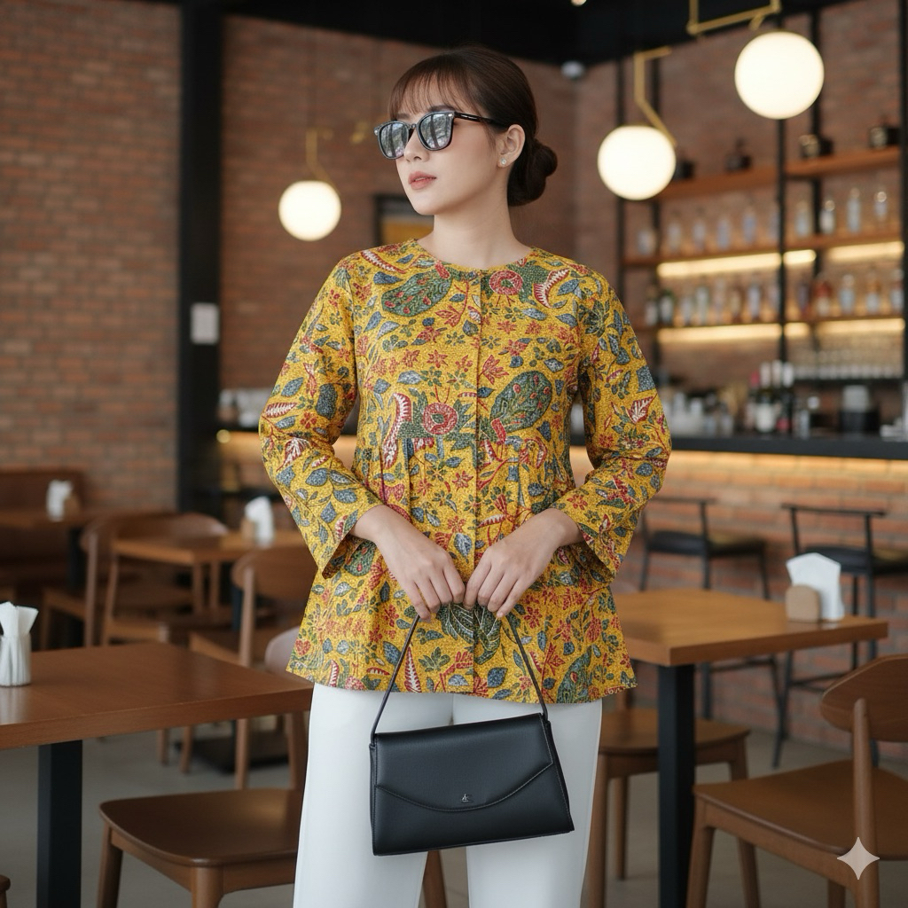 Shanaya Baju Batik Wanita Blus Printing Motif 3 negeri warna baru navy merah biru muda kuning batik 