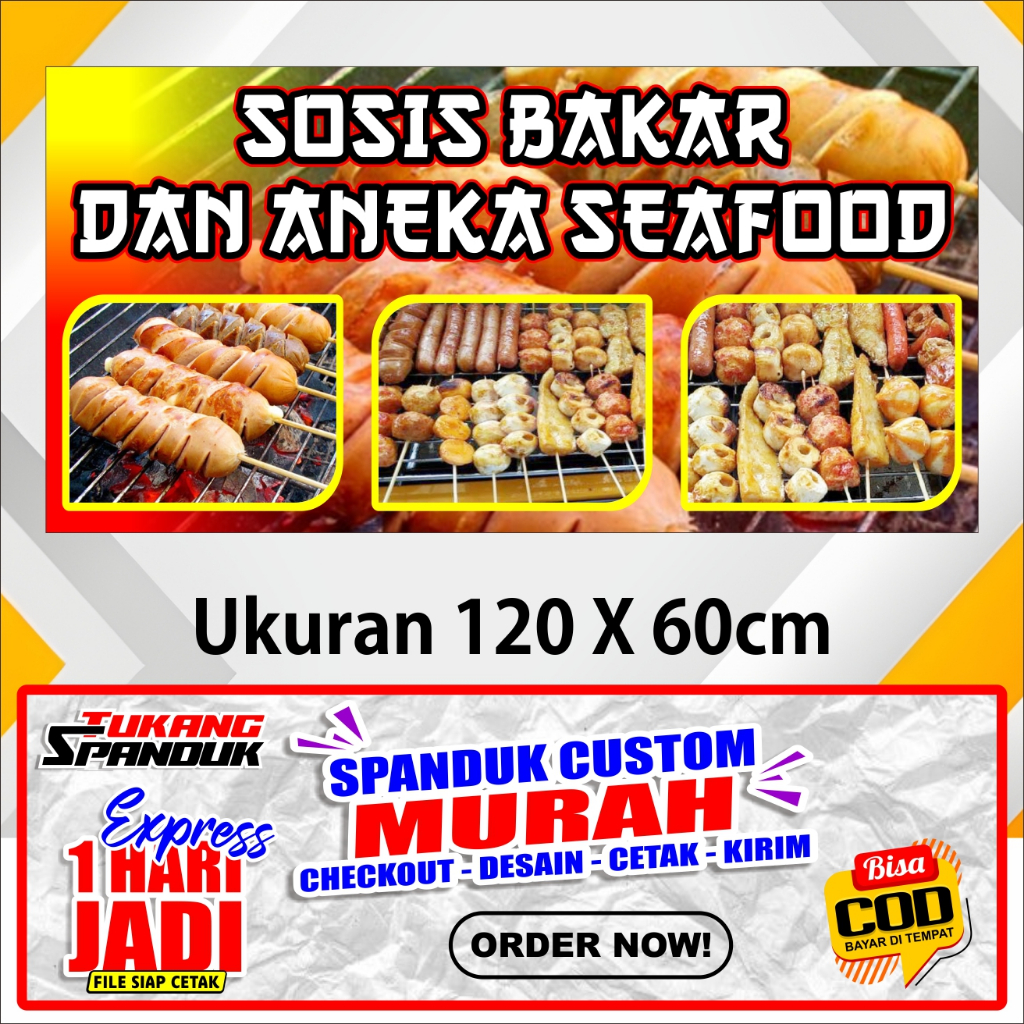 Banner SOSIS BAKAR , Spanduk ANEKA SEAFOOD , ukuran 120X60 cm, COD / Banner SOSIS BAKAR , Spanduk AN