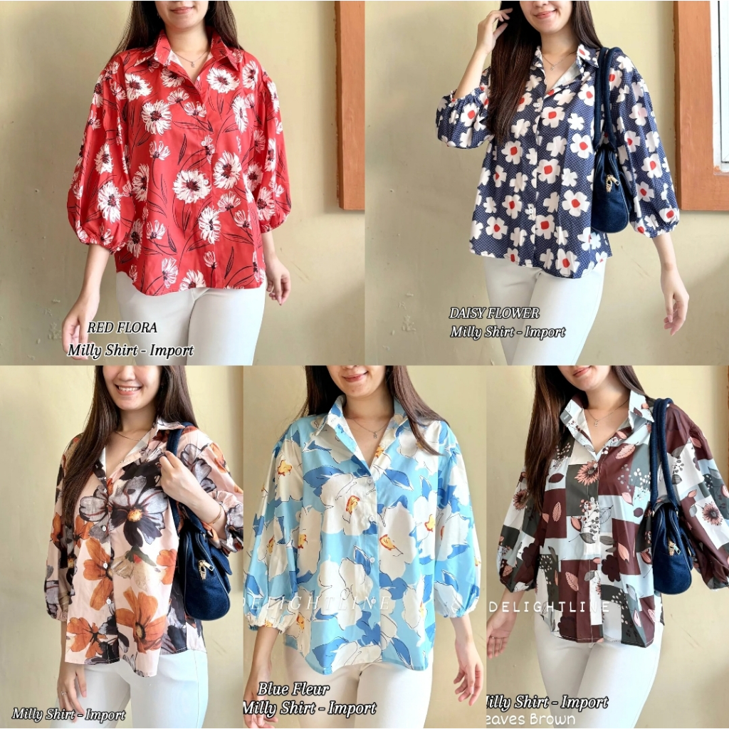 DELIGHTLINE - Milly Flower Shirt - kemeja Import motif bunga - atasan hem wanita lengan 3/4