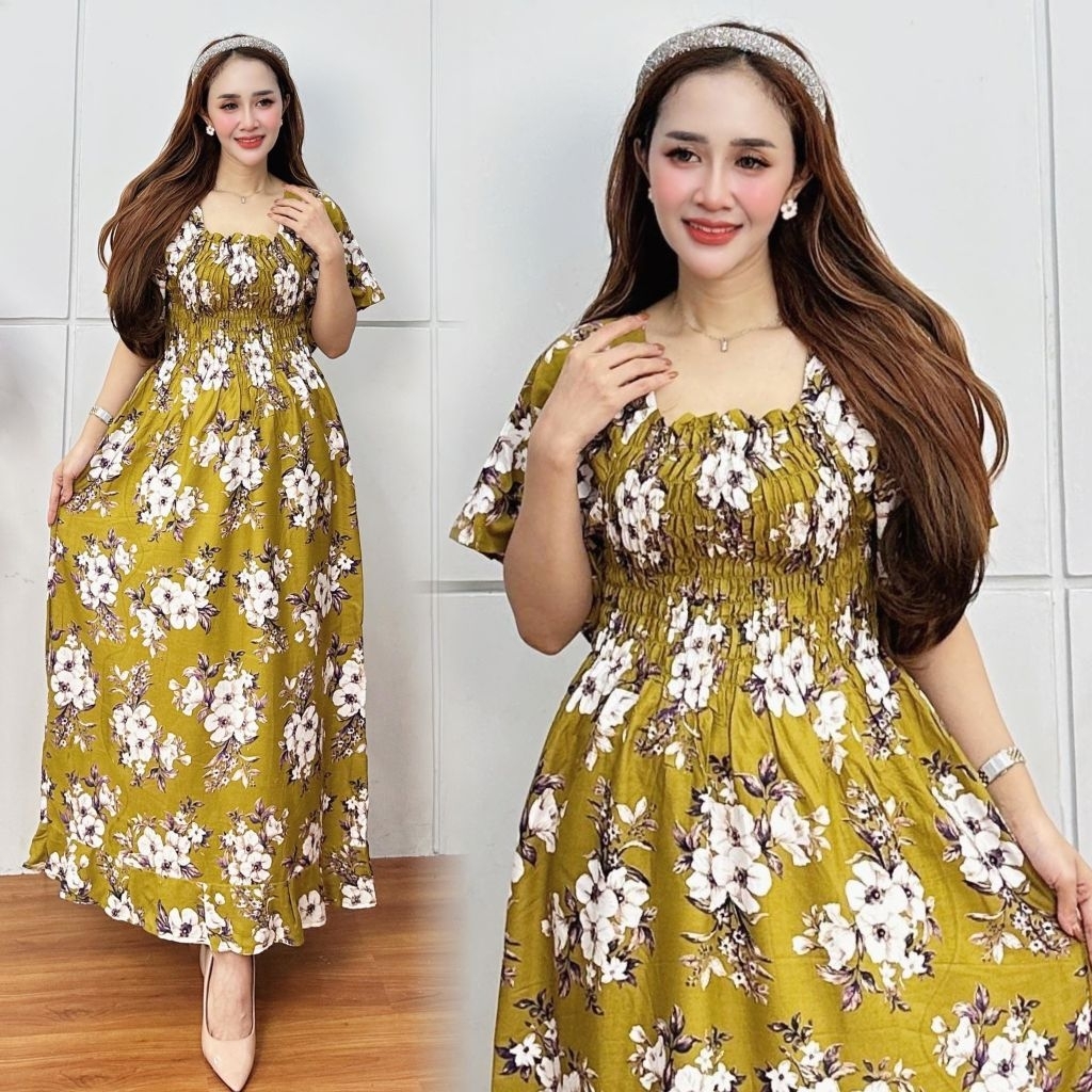 CLAUDYA DRESS SMOK LENGAN TUMPUK RAYON PREMIUM LD 110 MODEL TERBARU / DASTER SMOK RAYON POLOS / DAST