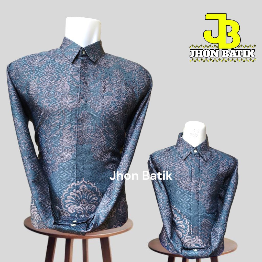 Batik Couple Ayah Dan Anak Warna Xanadu Bahan Dobby Serat Lapis Furing Premium//batik abu abu kehija